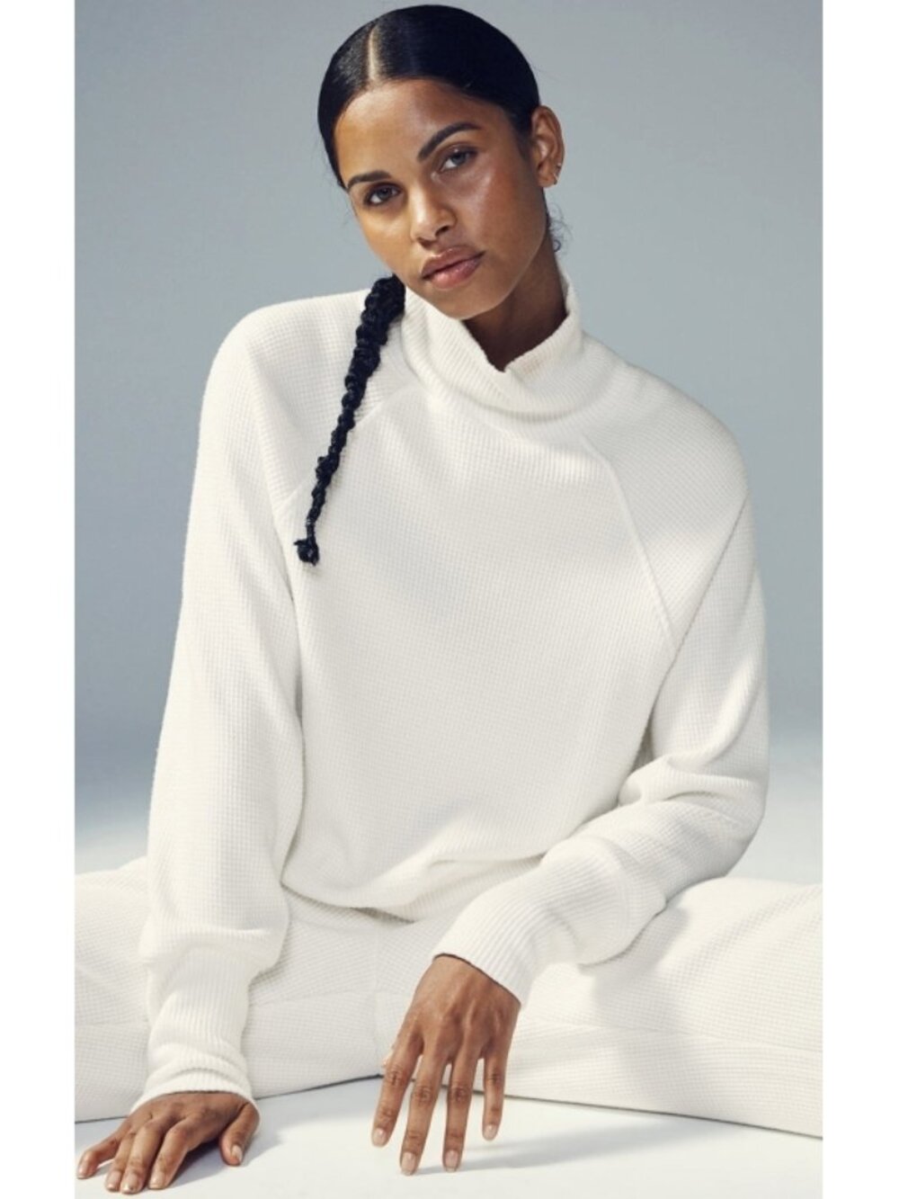 Alo Weekend Escape Mock Neck Long Sleeve Ivory Waffle Thermal Turtleneck Sweater - Picture 6 of 16